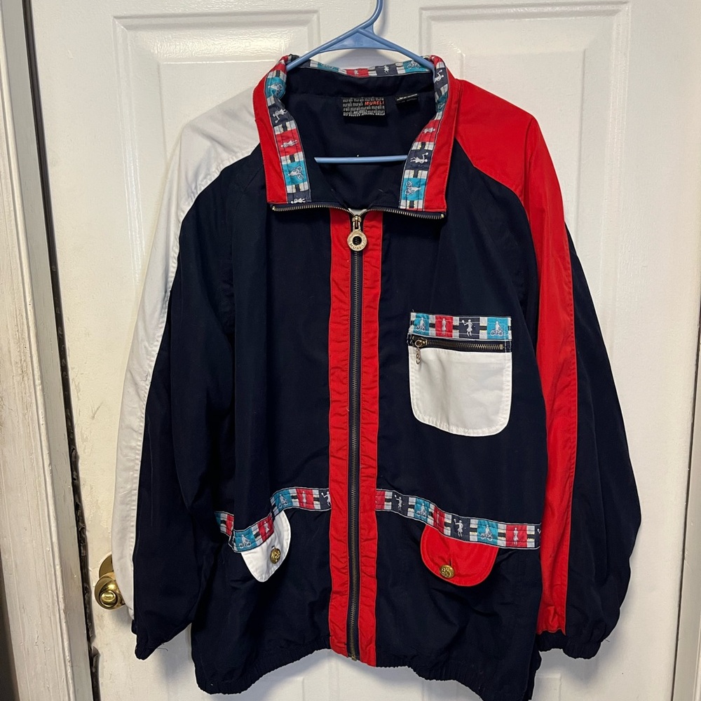 Mureli vintage women’s xl sports themed Jacket with Red and Blue Design